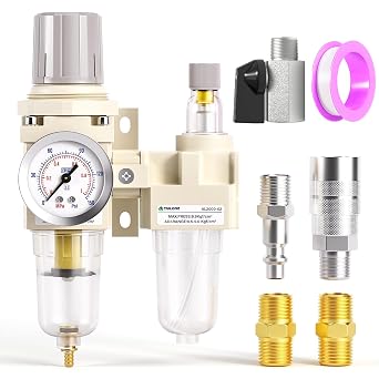 TAILONZ PNEUMATIC 1/4 Inch NPT Air Filter Pressure Regulator Water/Oil Trap Separator Combo0-145PSI,Air Tool Compressor Filter with Gauge AC2010-02Manual Drainage