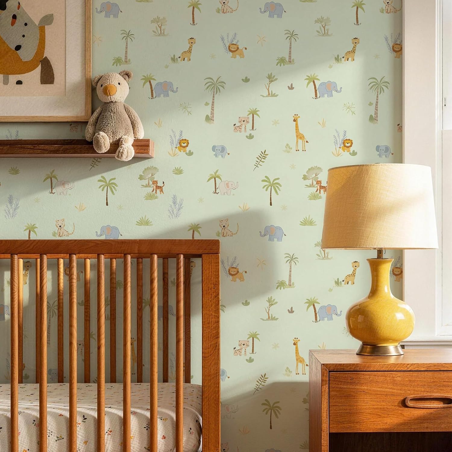 Safari Animals Peel and Stick Wallpaper, Green Nursery Wallpaper Jungle Forest Kids Wall Paper Removable Self Adhesive Contact Paper 17.3" 78.7" for Nursery Bedroom Playroom