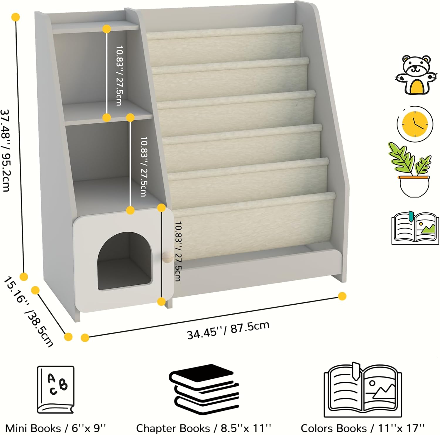Kids Bookshelf Montessori, 5 Sling Bookcase, 4 Tier Toy Storage, Wooden Toddler Book Rack, Baby Toy Storage Floor for Nursery Playroom Library Bedroom, Grey