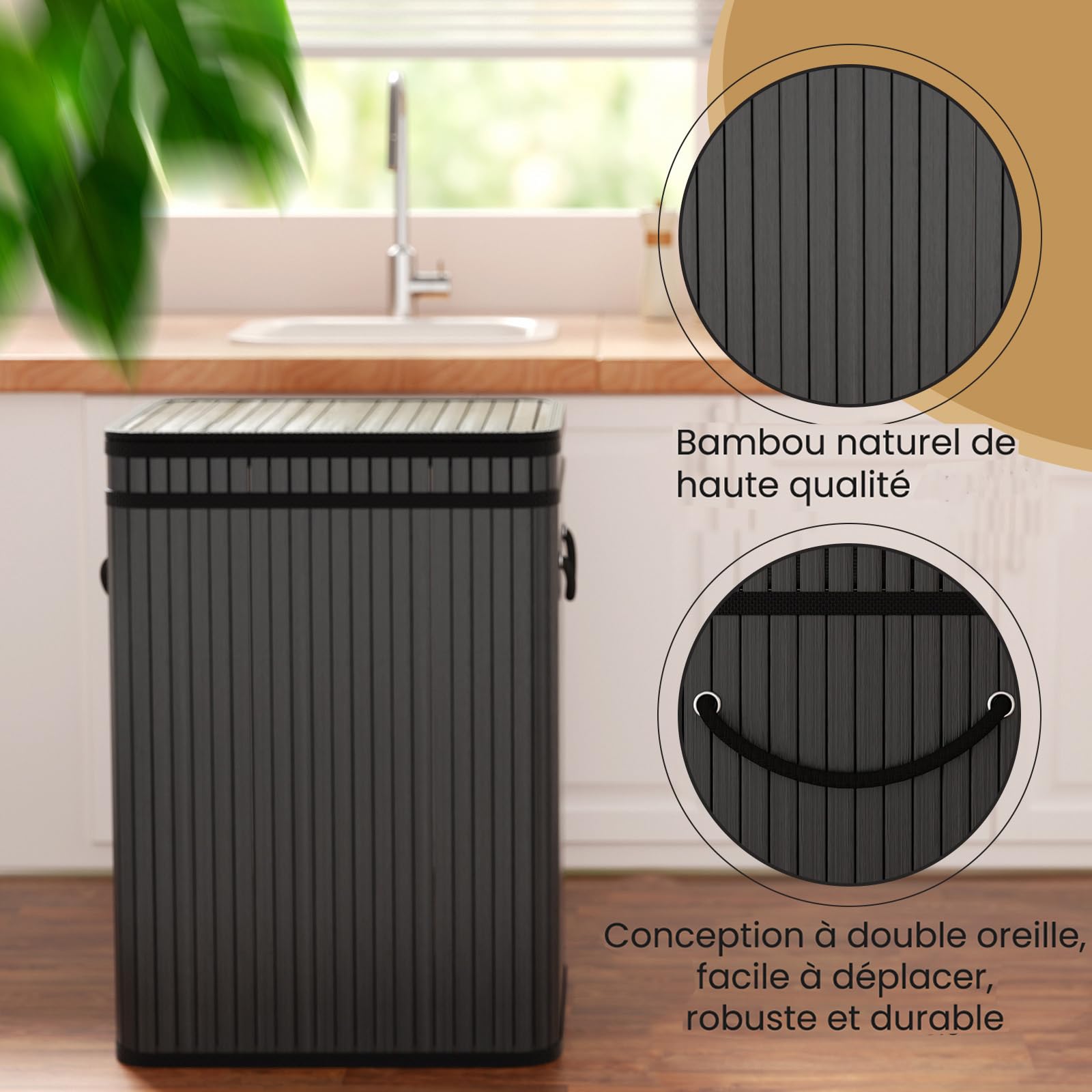 Mihoho Grande poubelle de 80 litres avec couvercle, corbeille/panier à déchets en bambou, poubelle d'extérieur pour la maison, le bureau, la salle de bain, la cuisine 40X30X60 CM (noir)