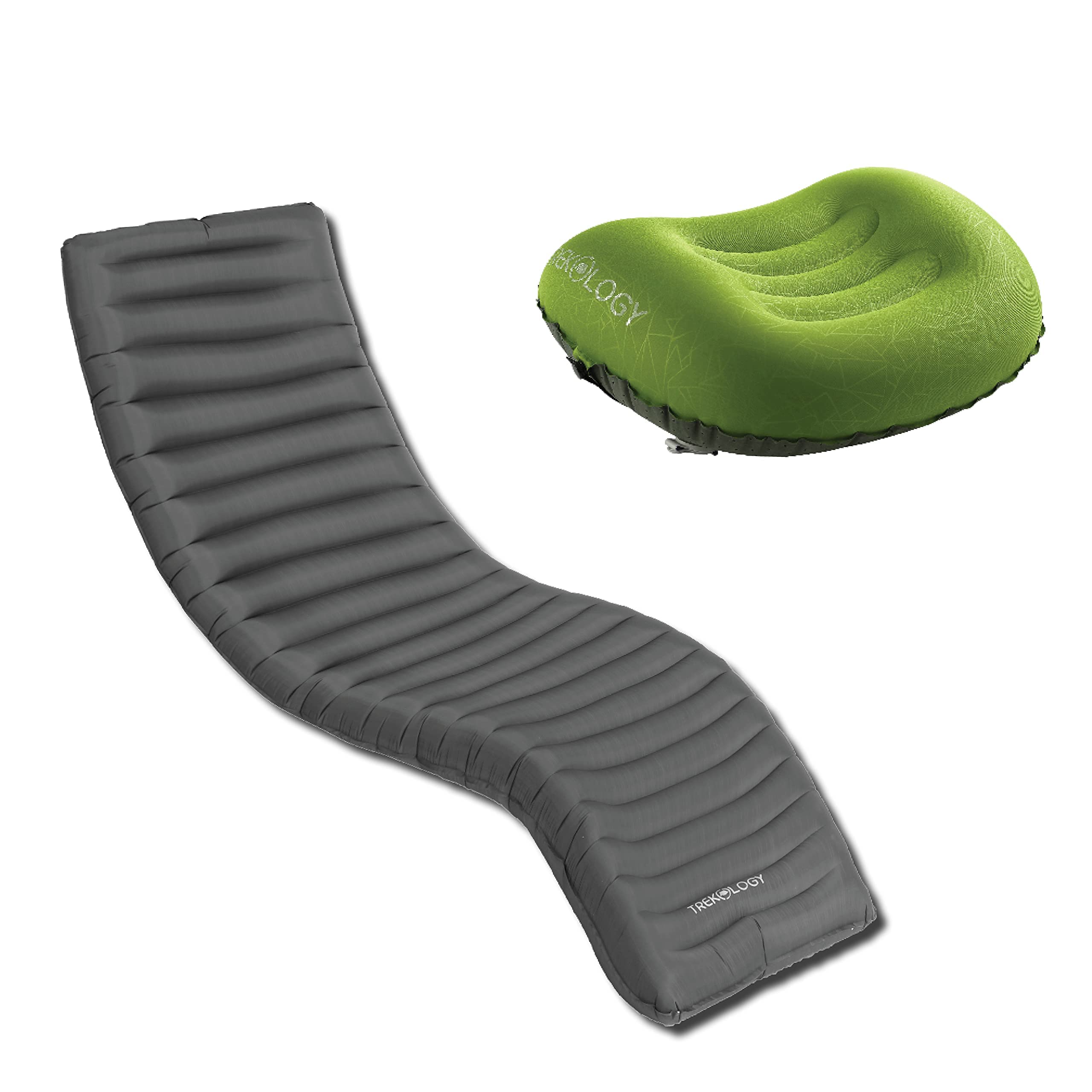 TREKOLOGY Camping Sleep Bundle - Colchoneta Inflable UL80 con Almohada Inflable Ultraligera ALUFT2 (Verde) - Colchón Ligero y Compacto para Mochilero y Almohada de Soporte y para Senderismo y Camping