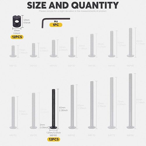 Miniatura 10 de Pernos hexagonales chapados en zinc negro, M6 x 2.362 in, 24 unidades, pernos de cuna y tuercas de barril de repuesto para cunas, camas, sillas,