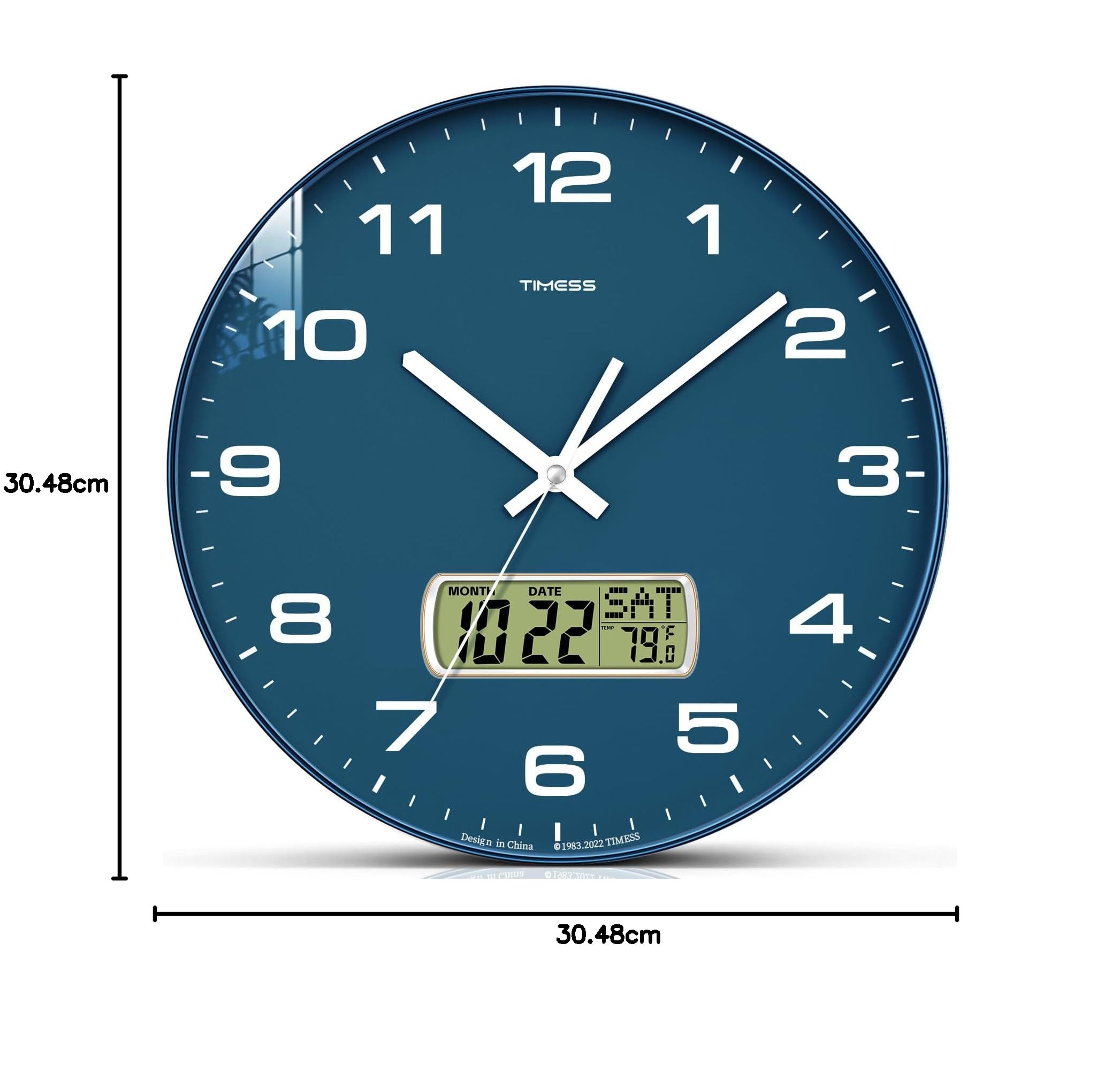 Timess Wanduhr, Zifferblatt nicht tickend, leise, batteriebetrieben, analog, mit LCD-Display für ewigen Kalender und Temperatur, modern, für Schlafzimmer, Küche, Büro-Dekor, 30,5 cm, goldfarben