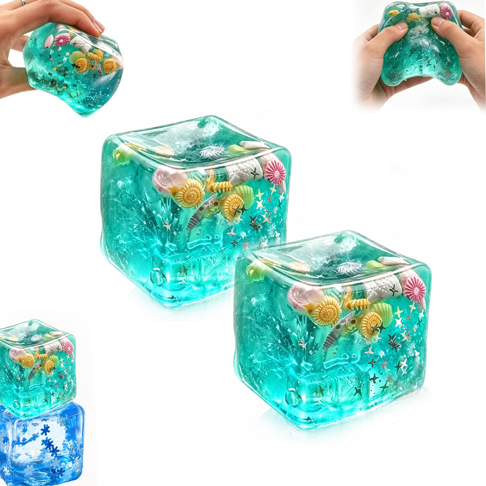 Ocean Cube Squishy，2026 New Glitter Ice Cube Squishy Ball，Soft Slow Rise Squeeze Ball， Stress Relief Sensory Balls (Green,2)
