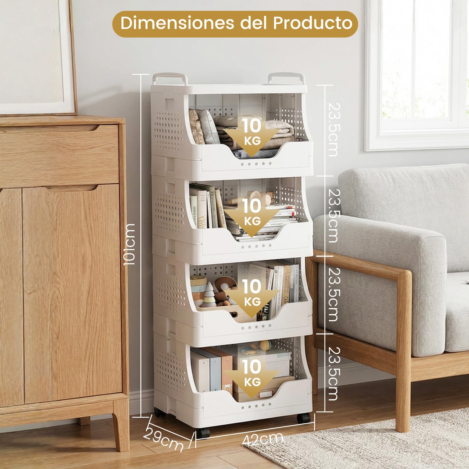 DEANIC Carrito Organizador Plegable con Ruedas, 4 Niveles, Carrito Auxiliar con Bandeja Superior, estantería móvil con Asas, para baño, Cocina y lavandería (Blanco)
