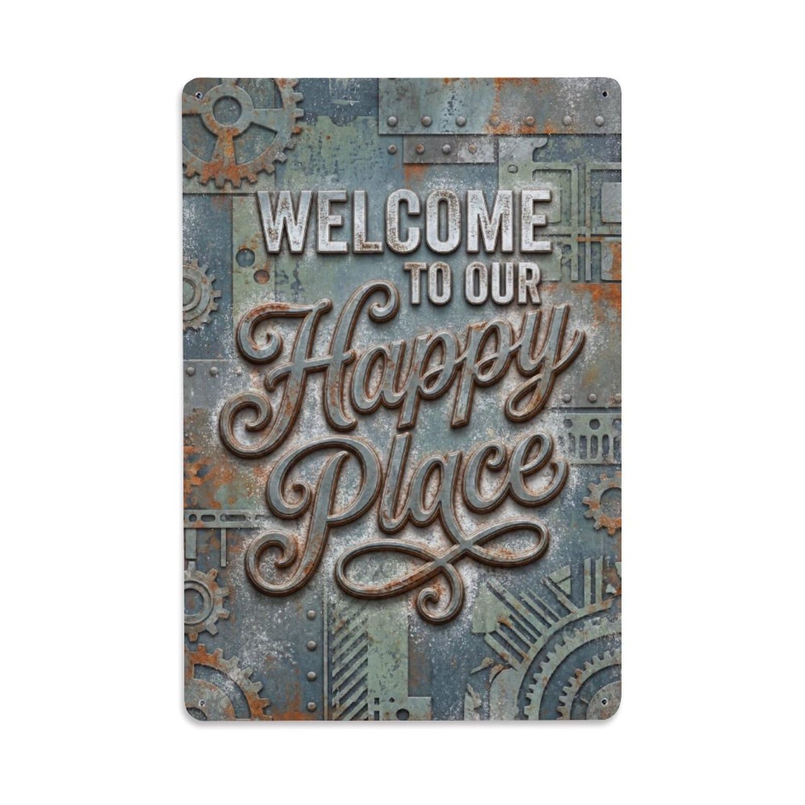 Okngb Style Viburnum Berry Welcome Happy Place Leafy Border Gate Metal Tin Sign Plaque Wall Decor For Cafe, Man Cave, Club Bar, Office, Home Garden Round Metal Poster 8X12inch