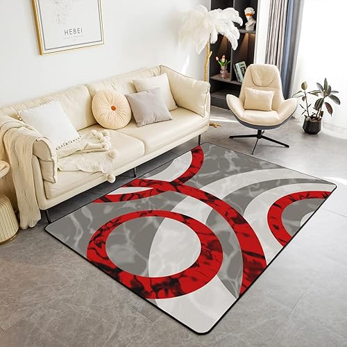 Alfombra geométrica gris y roja de 5 x 7 pies con estampado de mármol circular, diseño de remolinos trippy, alfombra decorativa retro de granja