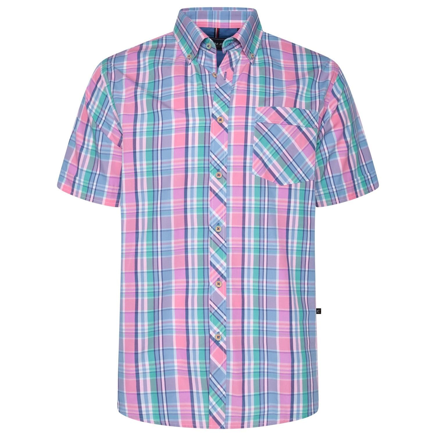 Kam Men's Pink Check Shirt Short Sleeve Casual Cotton Button Down Plus Size 2-8Xl 6378 (Uk, Alpha, 5XL, Plus, Regular, )