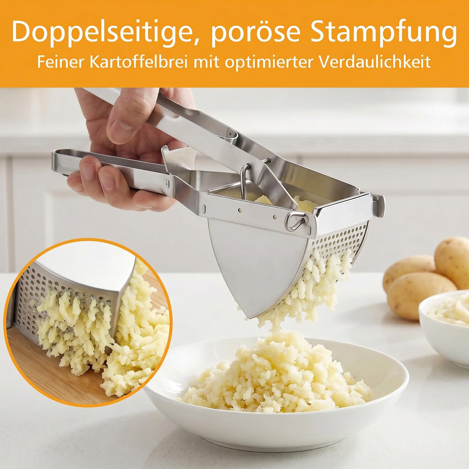 Kartoffelpresse Edelstahl großes Kartoffelstampfer Fassungsvermögen geeignet für die Zubereitung von cremigem Kartoffelpüree Babybrei und gekochtem Gemüse, spülmaschinenfest