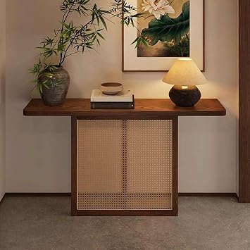 Narrow Console Table with Rattan Base, Farmhouse Entryway Table for Living Room, Behind Sofa, Hallway