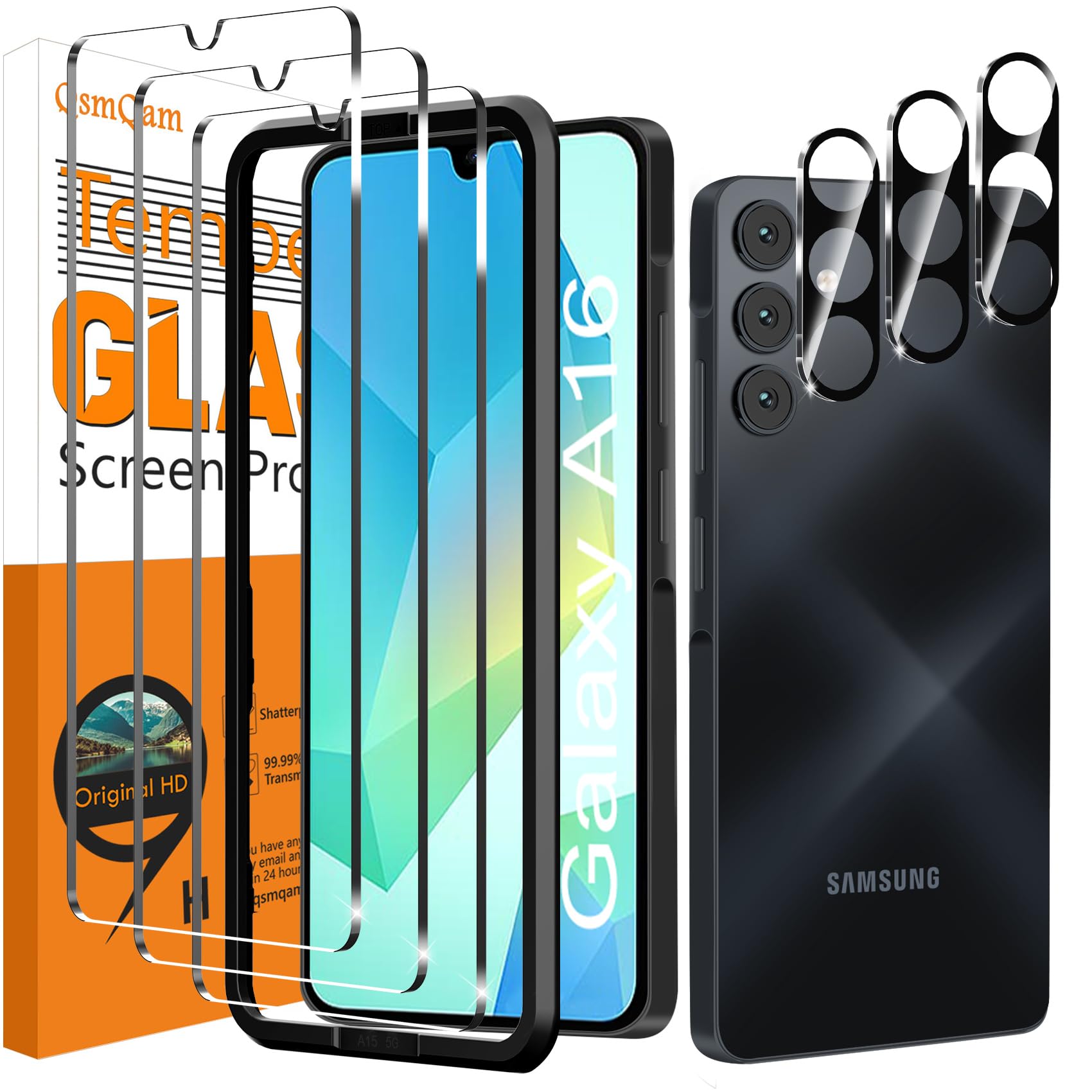 QsmQam 3 Pezzi Vetro Temperato per Samsung Galaxy A16 4G/5G e 3 Pezzi Pellicola Fotocamera, Pellicola Prottetiva Anti Graffio, Durezza 9H, Senza Bolle, Vetro Protettivo per Samsung A16