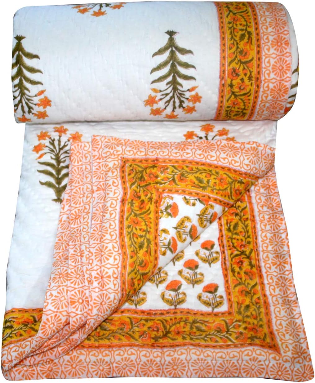 Silk GRAM Indian Block Printed Quilt Handmade Jaipuri Rajai Cotton Kantha Blanket Queen Rajai Bedspread Reversible Razai Coverlet (King/Queen Size 90x108 Inch)