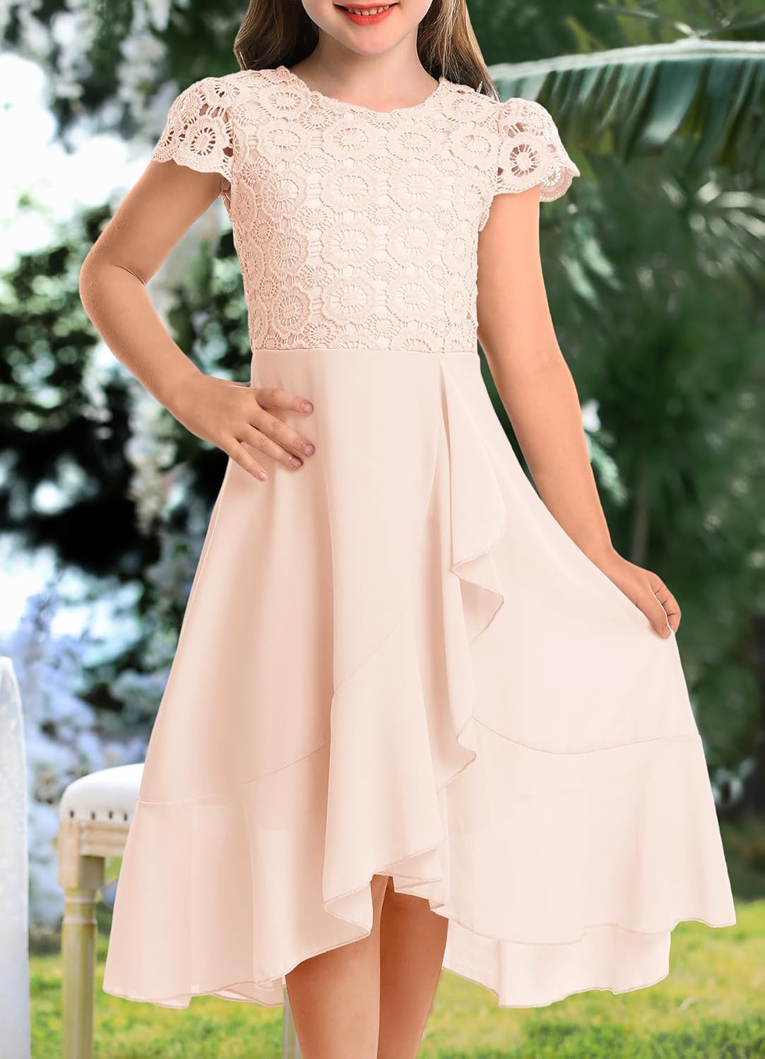 HOSIKA Girls Vintage Lace Chiffon Ruffle Sleeve A-Line Wedding Party Junior Bridesmaid Dress for Kids 6-12 Years