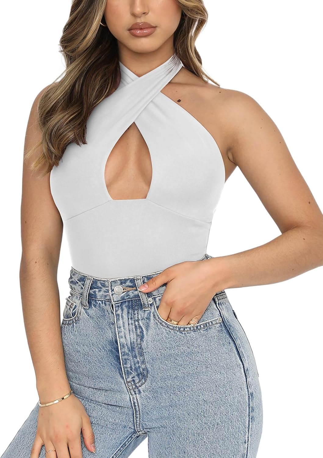 REORIA Butsmooth® Women's Trendy Sexy Casual V Neck Double Lined Sleeveless Slimming Going Out Tank Top Bodysuits - Image 2