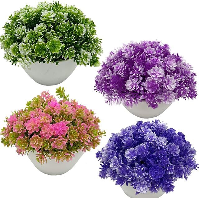 Fycooler Artificial Flowers in Pot/Artificial Faux Greenery Shrubs Fake Plants Topiary Grass Greenery Faux Plastic Plants Indoor &Outdoor House Office Desk Bathroom Kitchen DIY Decor Set of 4