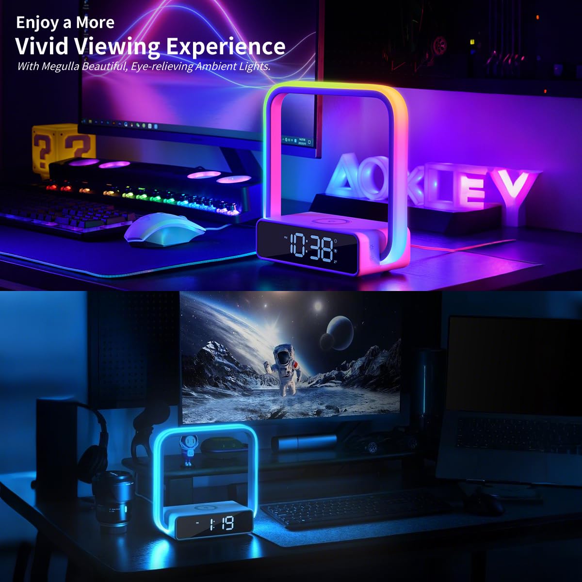 Nachttischlampe Tischlampe mit 10W Kabelloser Ladefunktion RGB Farben Stimmungslicht LED Lichtwecker Touch Dimmbar mit 3 Helligkeitsstufen Nachtlicht Wecker mit Licht für Kinderzimmer Schlafzimmer