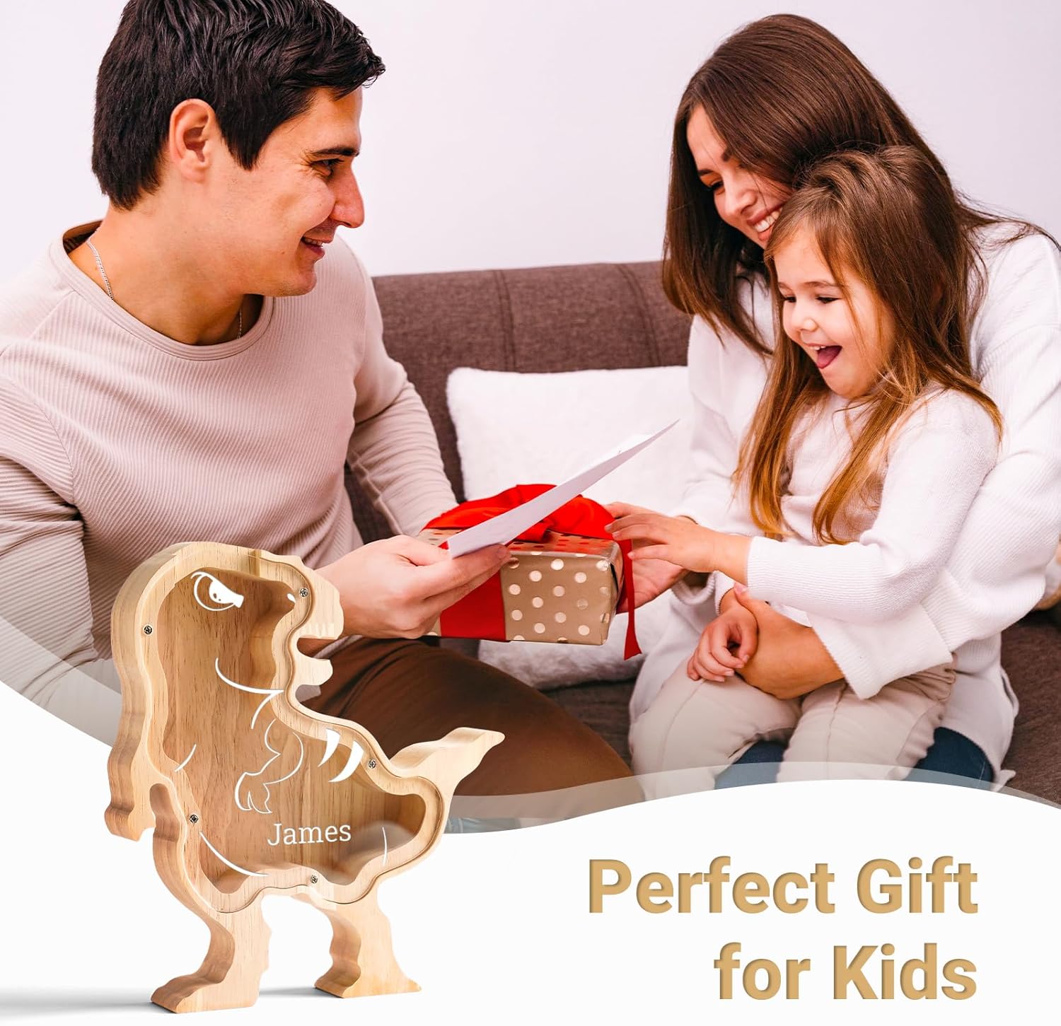 Wooden Dinosaur Piggy Banks for Kids, Personalized Dinosaur Coin Bank with Name, Custom Gifts for Kids Christmas & Birthday Decor, Wooden Cashbox Money Jar Educational Toy for Boys Girls