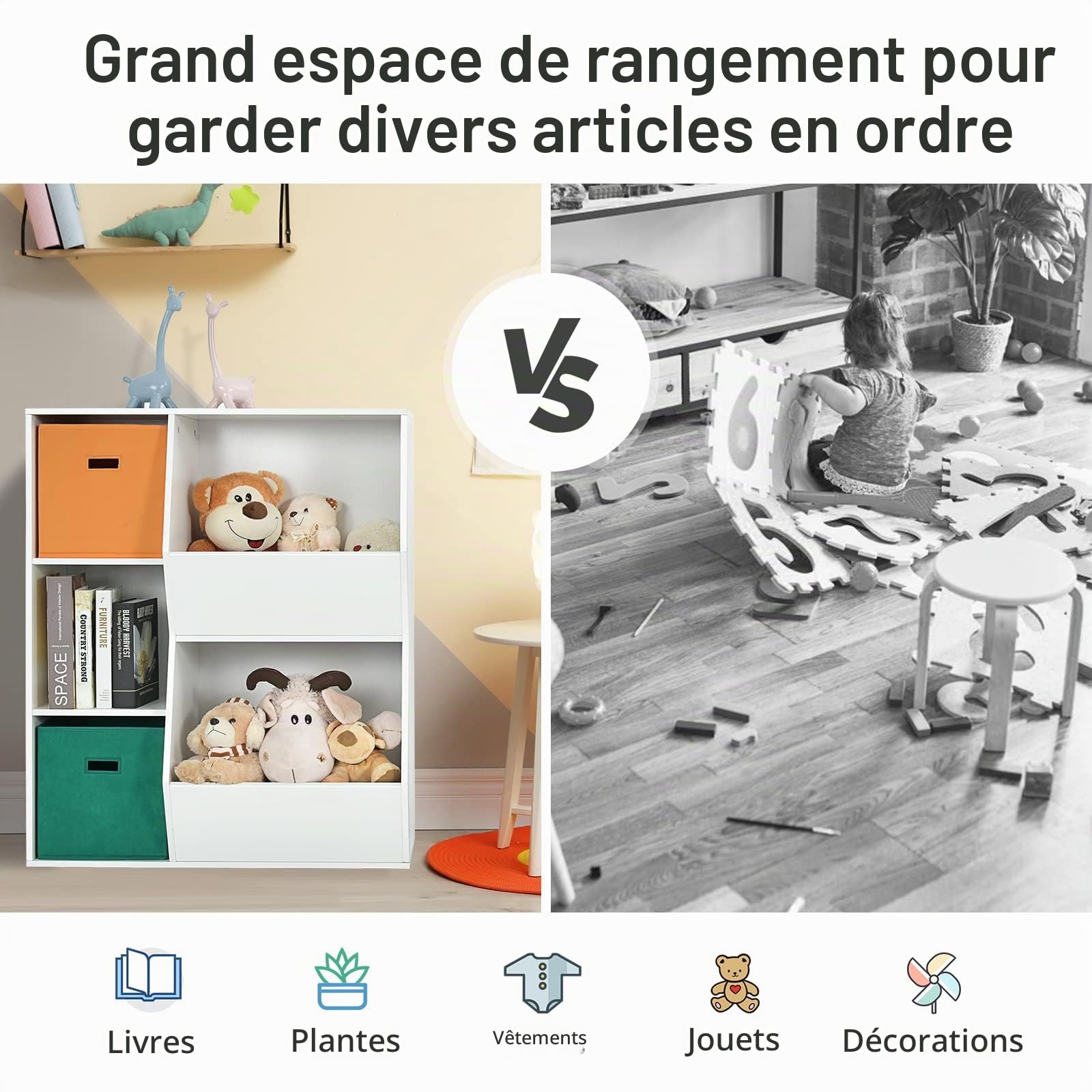 DREAMADE Bibliothèque d'angle Enfant à 3 Niveaux Meuble de Rangement Garçon et Fille avec Tiroirs en Tissu,Dispositif Anti-basculement Étagère pour Jouets,Livres,Chambre,Salon (Blanc, 5 Casiers)