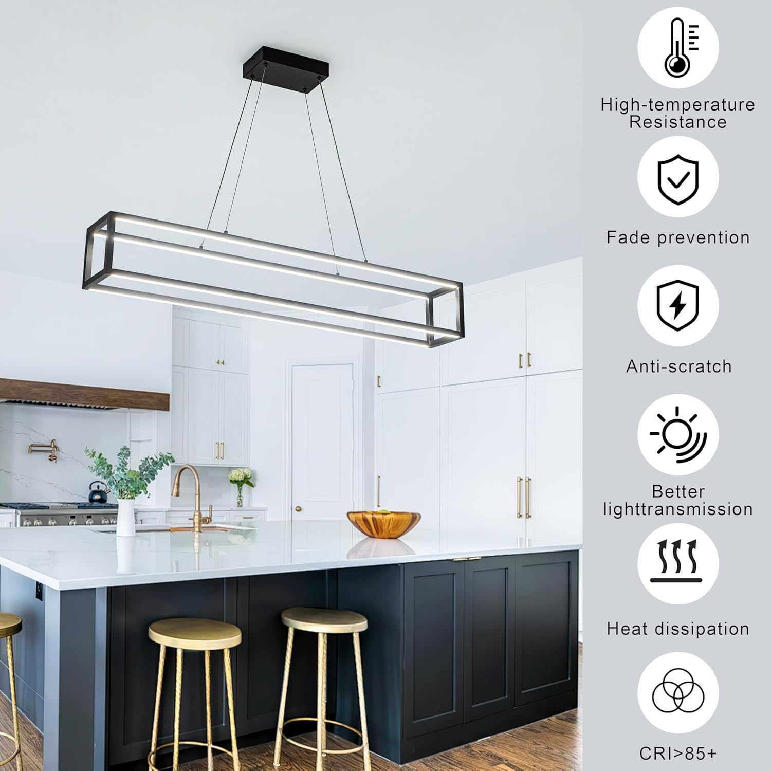 Modern LED Chandelier Linear Rectangle Chandelier Dimmable 39" Kitchen Island Lighting,Black Contemporary Hanging Linear Led Pendant Light Fixture for Kitchen, Dining Room