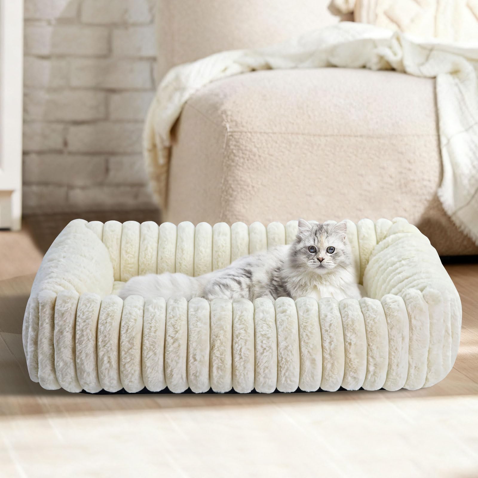 EASY SPEED Cama de Perro Grande, Colchón Terciopelo Relleno de Fibra Transpirable, Base Extraíble y Lavable, para Invierno Cálida, Suave y Cómoda, Interior y Exterior, Medidas 85x65cm, Blanco
