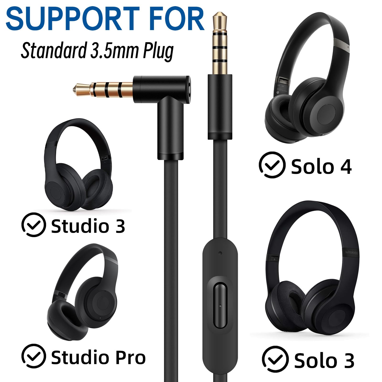 NoxcDvxo Replacement Audio Cable Cord Wire,Compatible with Headphones Studio Solo Pro Detox Wireless Mixr Executive Pill with in Line Mic and Control (Black)