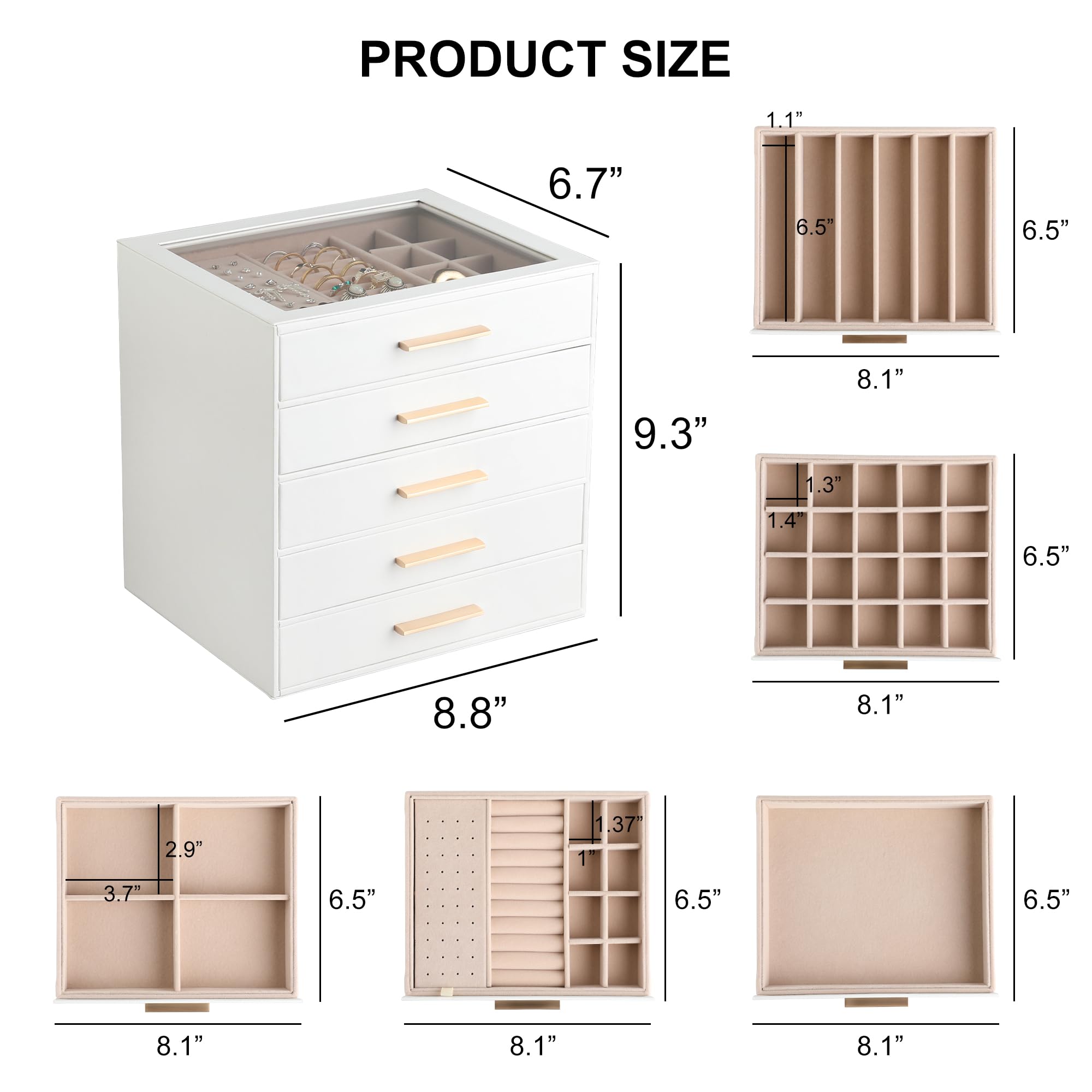 Joyero con tapa transparente, organizador de joyas de 5 capas con cajón, organizador de joyas de piel sintética y almacenamiento, cajas de joyería para mujeres, almacenamiento de joyas para 3