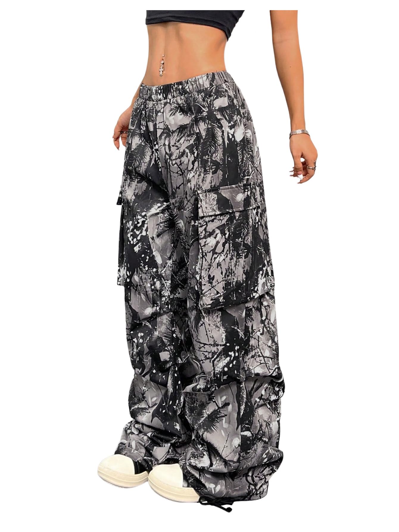 GORGLITTER Womens Camo Baggy Cargo Pants Wide Leg High Waisted Y2K Camouflage Parachute Pants