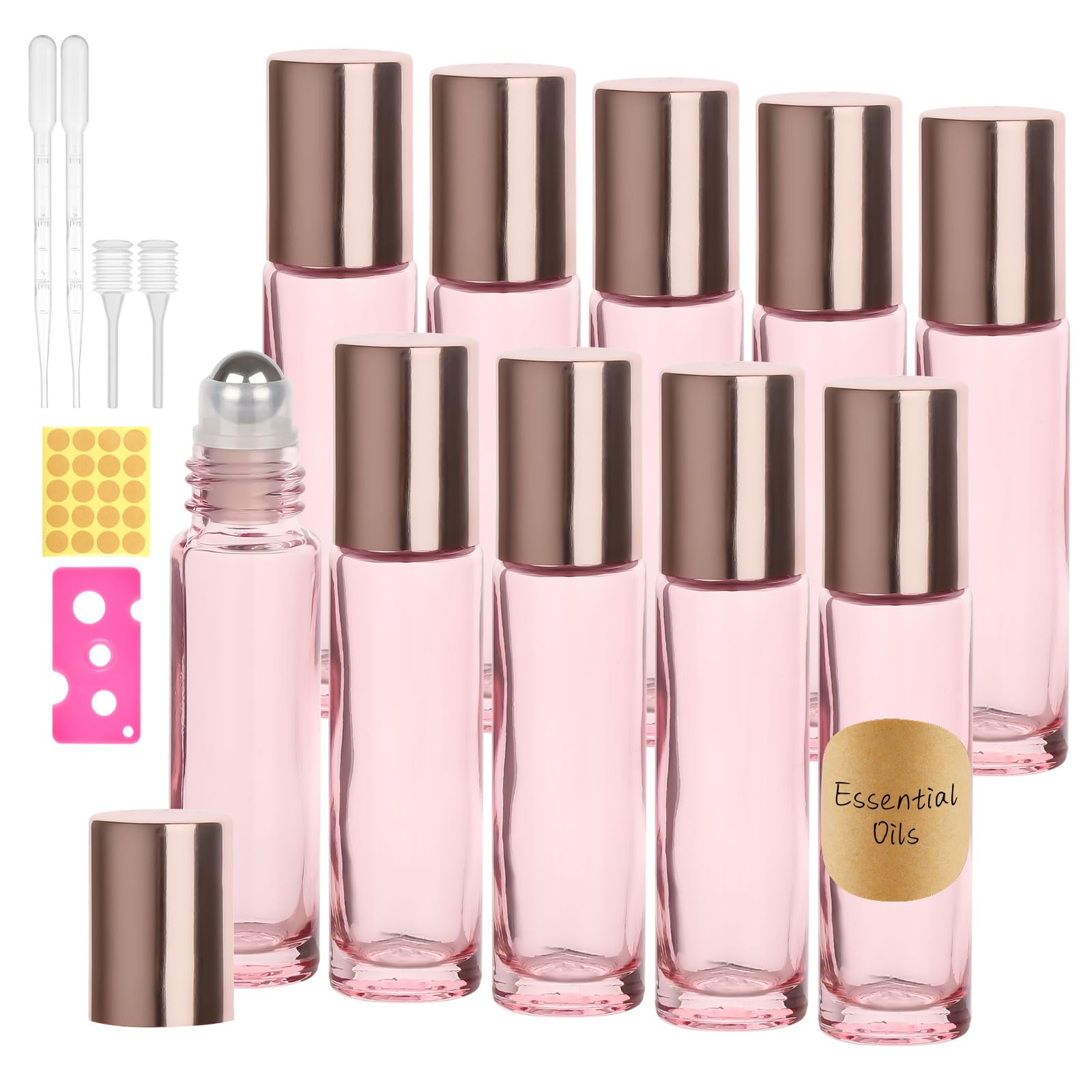 Roll on Glasflaschen für Ätherisches Öl, Roll on Flasche Leer 10 ml mit Edelstahl-Ball, Rollon Flaschen mit Öffner, Tropfer, Strohhalm, Etiketten für Aromatherapie Parfüm Massage (Rosa, 10 Stück)