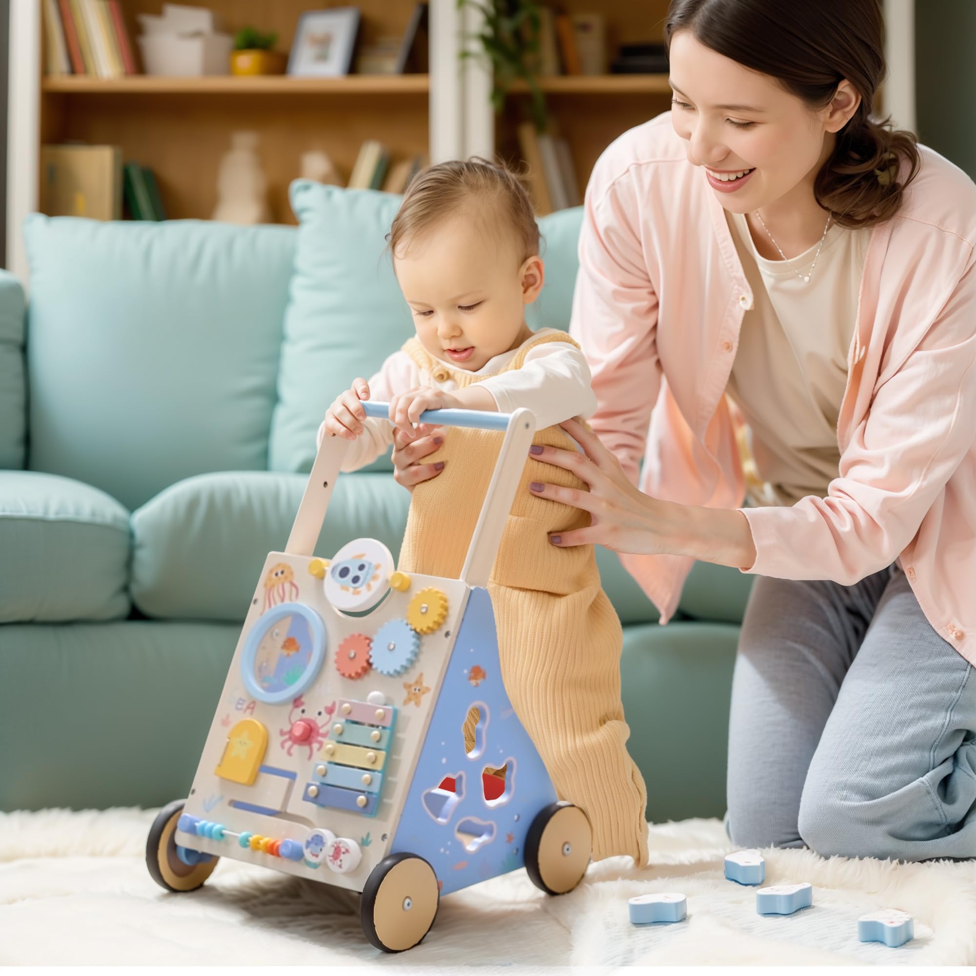 Lauflernwagen Holz, Ozean Baby Lauflernhilfe mit Multifunktional Montessori Spielzeug, Holzspielzeug mit Rädern und Stauraum, Baby Walker Geschenk für Jungen und Mädchen