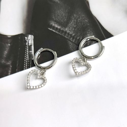 Miniatura 5 de RUIQLXHANG Silver Mini Heart Love Dangle Earrings for Women,Dainty S925 Sterling Silver Small Huggie Hoop Earrings with Cubic Zirconia Charm