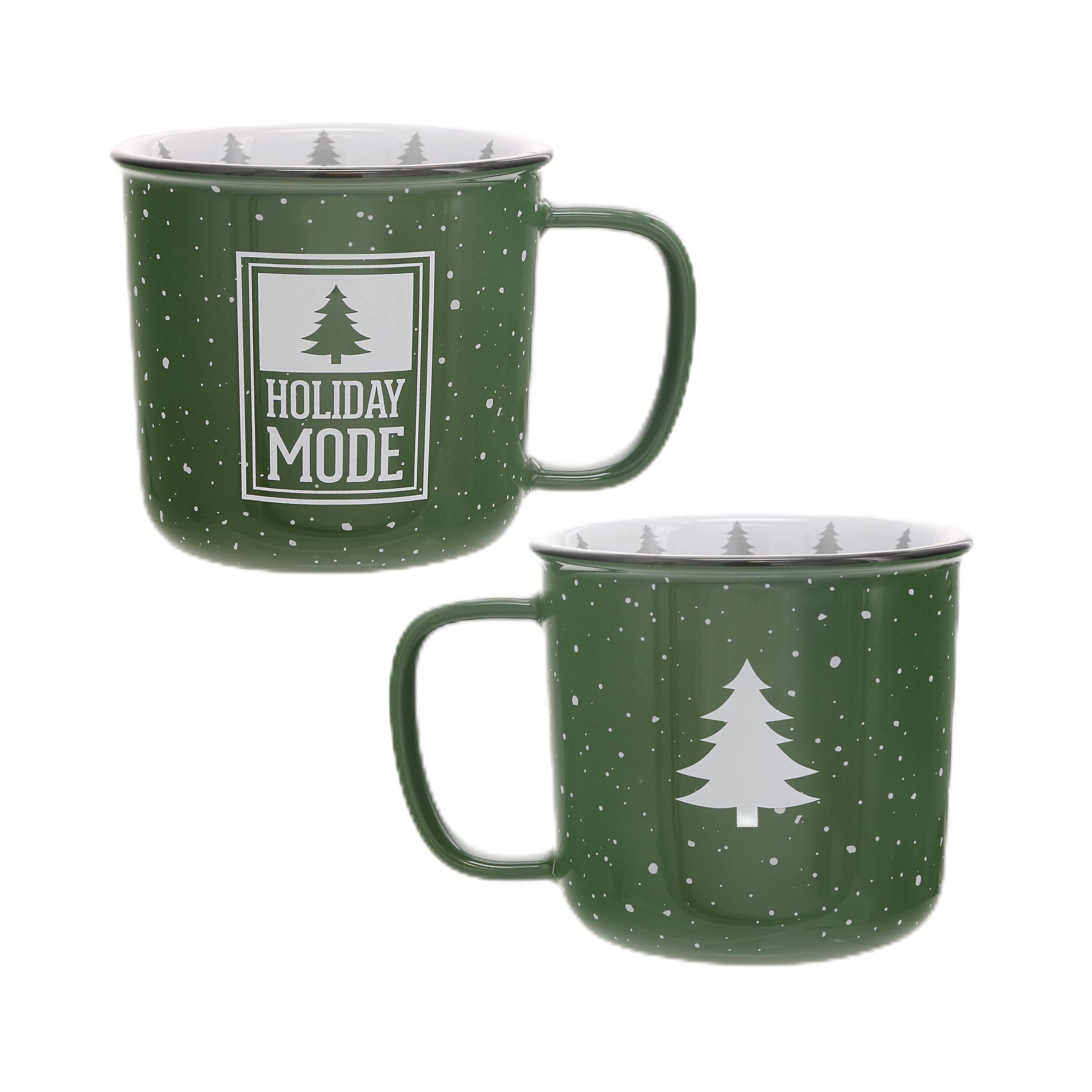 Pavilion Gift Company - Holiday Mode - Taza de cerámica de 18 onzas, verde con acabado moteado, taza de café duradera de pared gruesa estilo camping, taza de vacaciones, árbol de Navidad, 1 unidad,