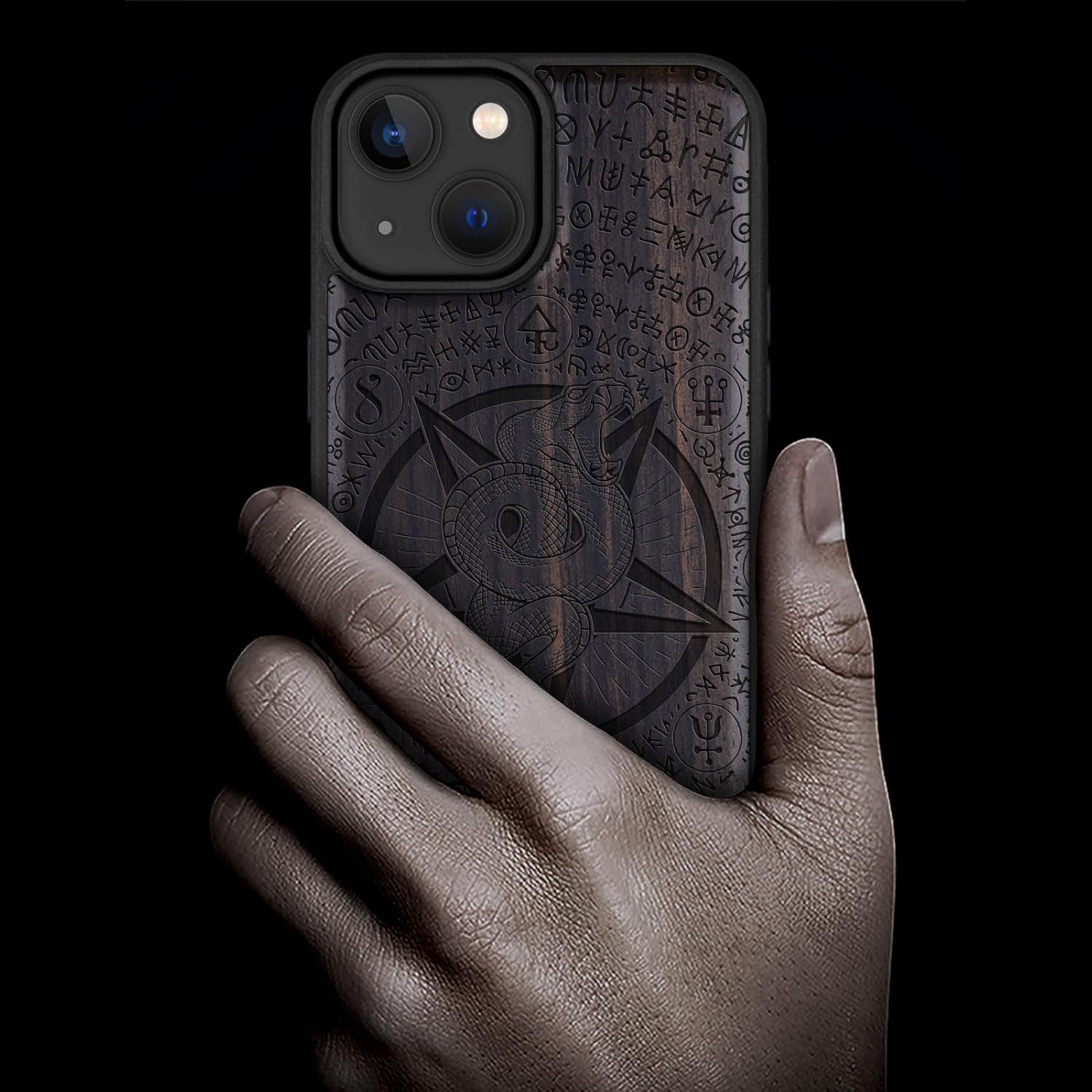 Carveit Magnetic Wood Case for iPhone 14 Case [Natural Wood & Black Soft TPU] Unique & Classy Wooden Shockproof Protective Cover Compatible with magsafe (Viper Pentagram Design -Blackwood)