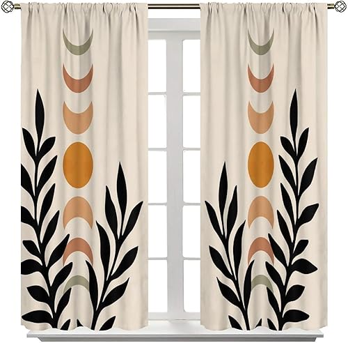 Miniatura 8 de Cortina bohemia de mediados de siglo, estilo bohemio, con estampado de plantas de fases lunares, bolsillo para barra, cortinas de ventana para