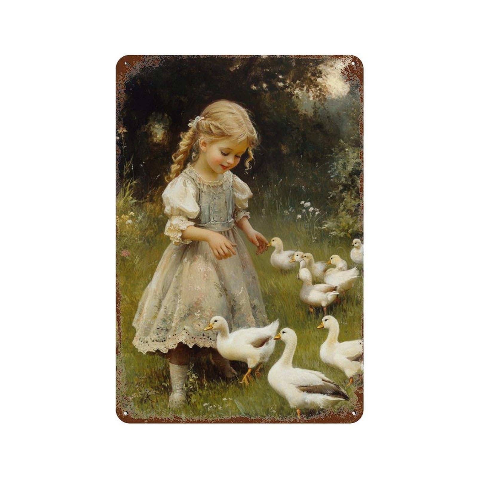 Girl Feeding Ducks in Garden Rust Effect Tin Sign 11.8"x7.9", Vintage Wall Decor for Pub, Kitchen And Man Cave Decor