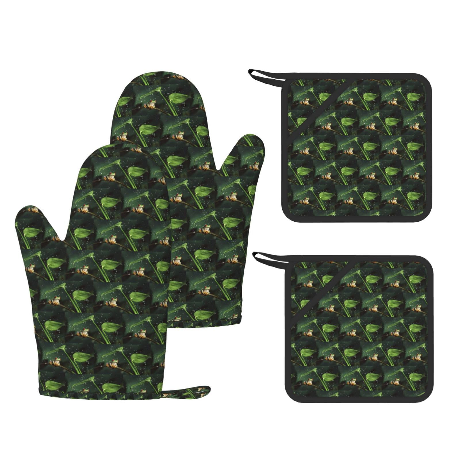 Frog and Rain Printed Potholder and Oven Mitt Set of 4, High Heat Resistant Cooking Gloves for BBQ Grilling