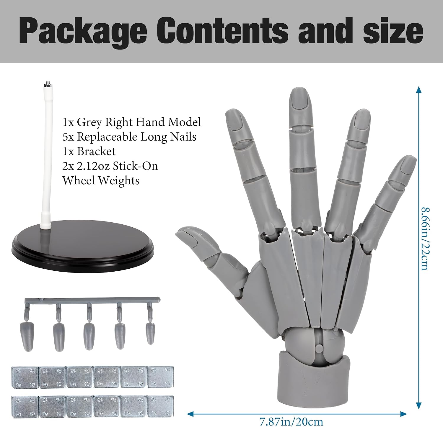 Hand Model with Counterweights – No Wobbling, Adjustable Joints Artist Poseable Manikin Hand, Lively Mannequin Figure for Drawing, Sketching，Painting, Desk Decoration Display (Grey Right Hand)