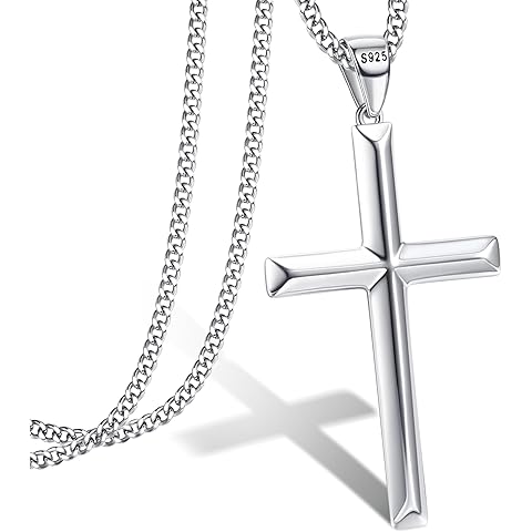 MILACOLATO Solid S925 Sterling Silver Cross Necklace for Men Women | 2mm Durable Sterling Silver Cuban Link Curb Chain Cross Pendant Necklace | Crucifix Cross Pendant Necklace Jewelry 16-24 Inches