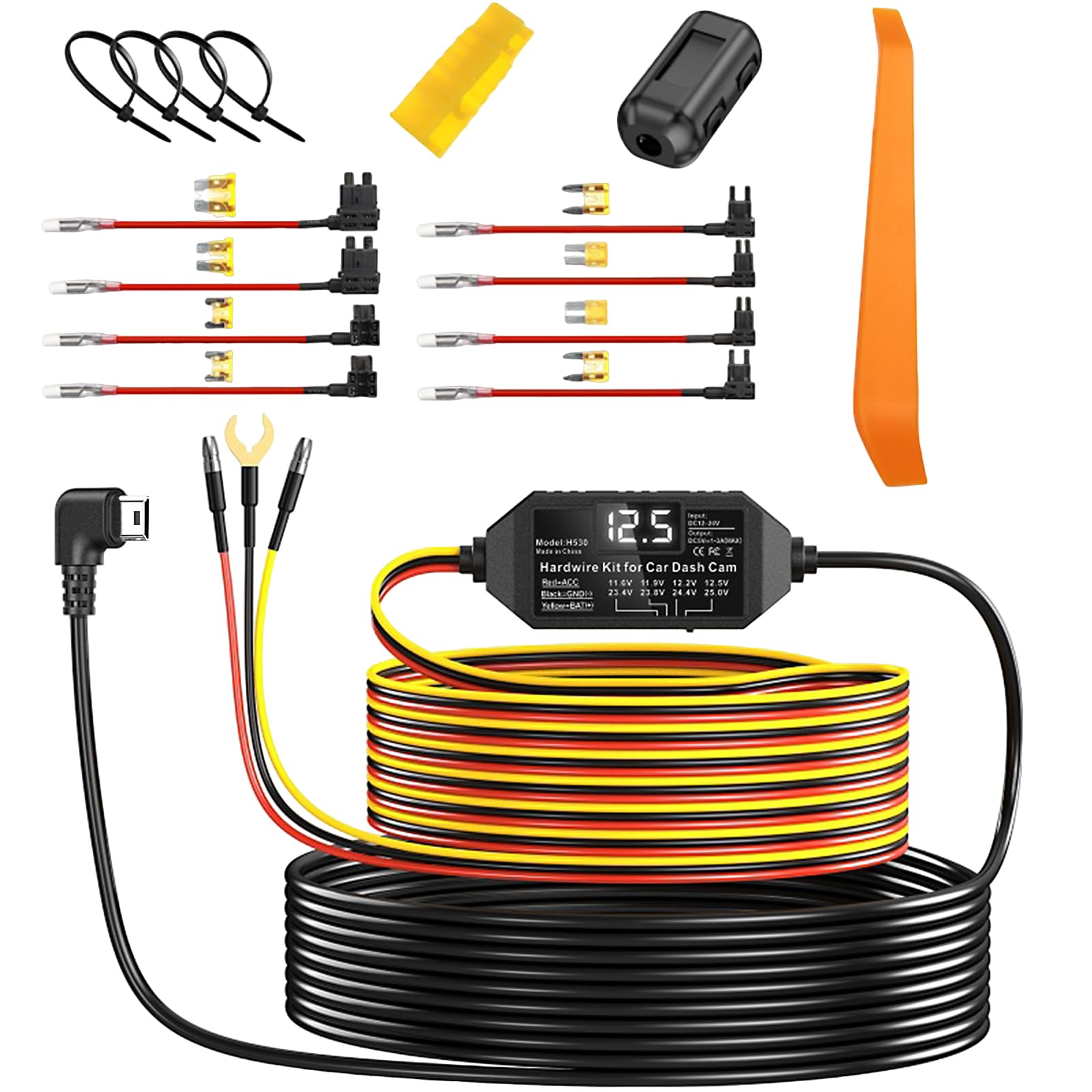 AUCARAUTO Universal Mini USB Dash Cam Acc Hardwire Kit with LED Voltmeter and Adjustable Low Voltage Protection, 11.5ft Multi-Size Hardwire Kit for Dash Camera 24H Parking Monitoring