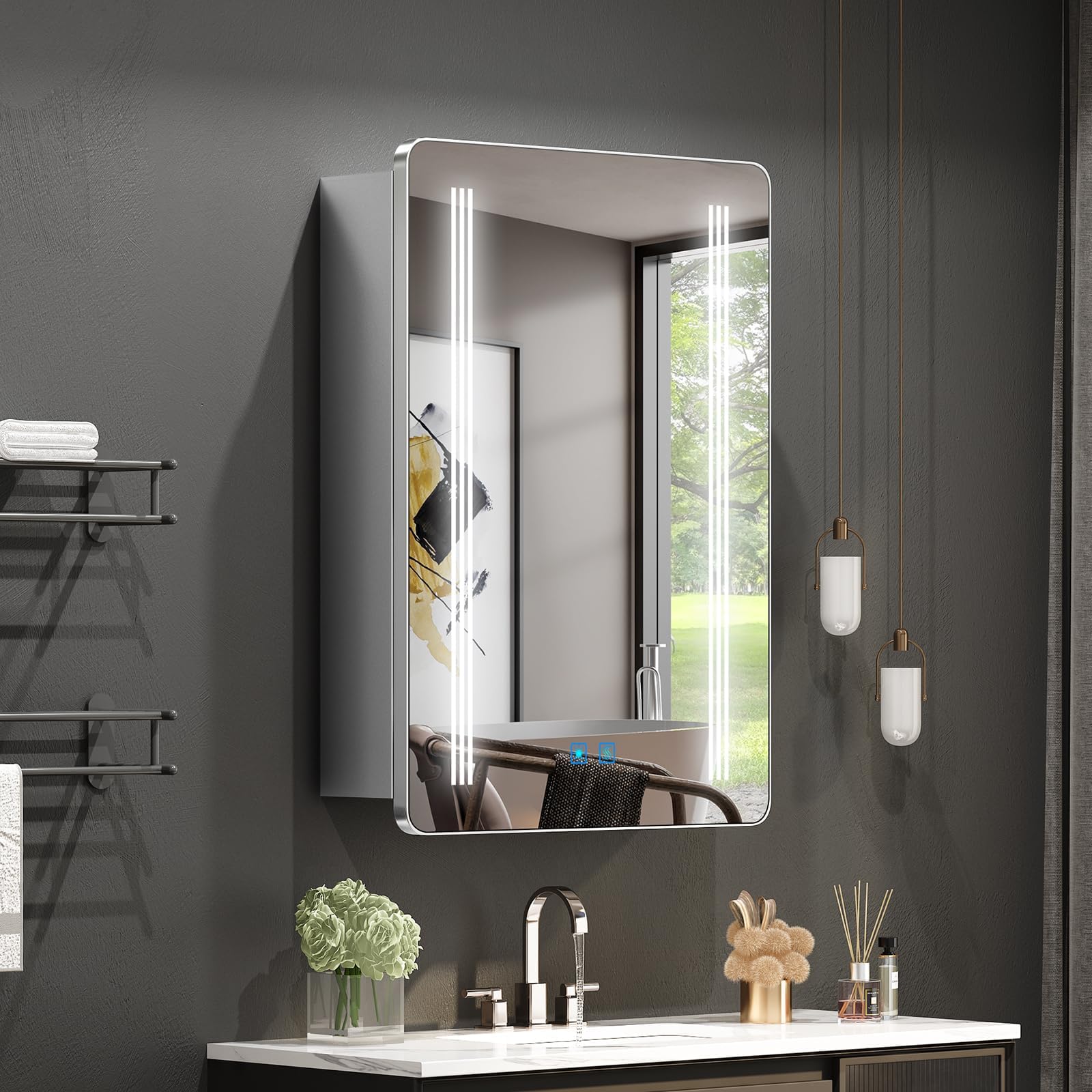 Bathroom Mirror Cabinets with Lights and Shaver Socket 500 x 700 mm, Wall Mounted Mirrored Bathroom Medicine Cabinet with 3 Colour LEDs, Demister Pad, Dimmer Switch, Glass Shelves, IP44