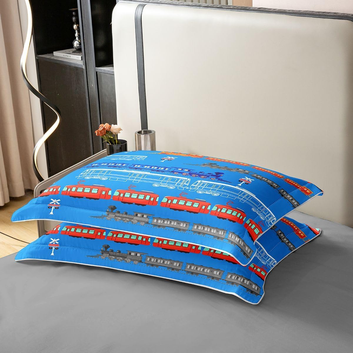 jejeloiu Cartoon Car Duvet Cover 100% Cotton Full Size Vintage Car Comforter Cover Set Train Bedding Cotton Duvet Cover Set for Bedroom Retro Steam Train Blue Light Sign Bedspread Cover