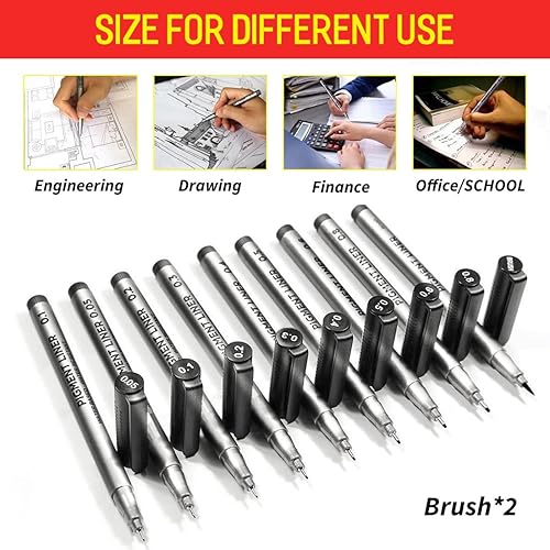 Miniatura 4 de SAYEEC Juego de 10 bolígrafos negros con punta fina, punta fina, bolígrafos de tinta de varios tamaños, punta de pigmento, bolígrafos de dibujo para