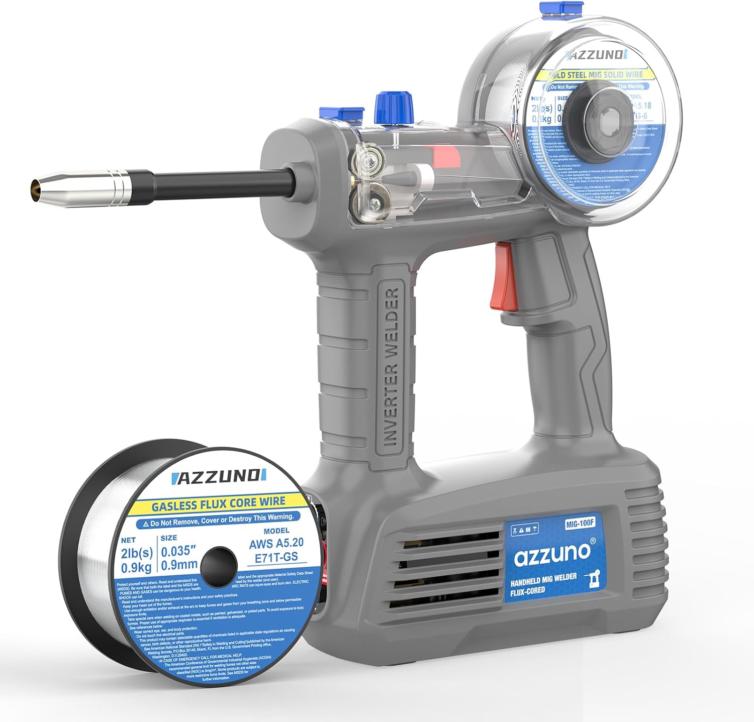 AZZUNO 100A Handheld MIG Welder & .035" 2LBS Flux Core Mig Welding Wire, 110V Gasless MIG Welding Machine, Portable Wire Feed MIG Welder Machine