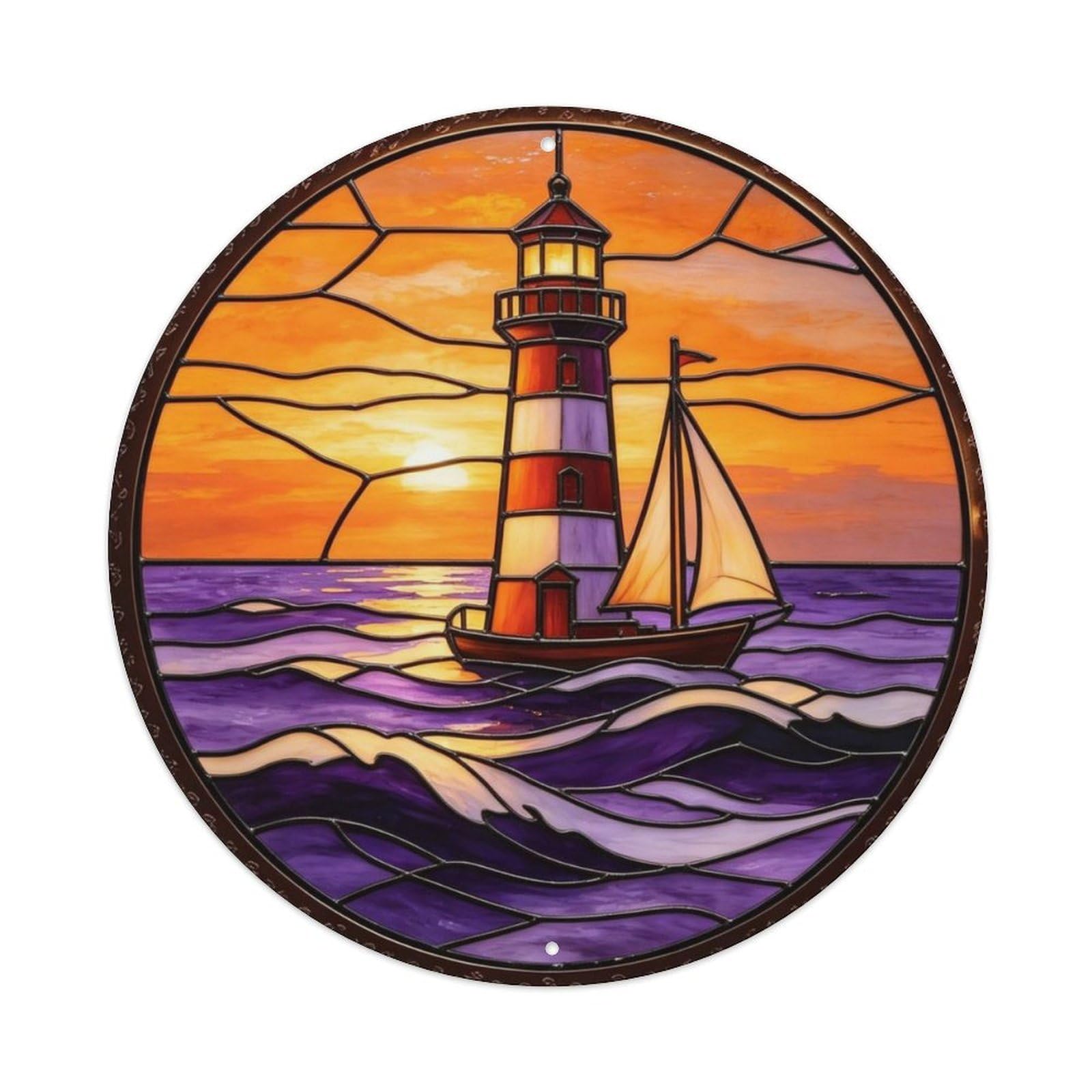 Stained Glass Nautical Lighthouse Sailboat Metal Tin Sign Plaque