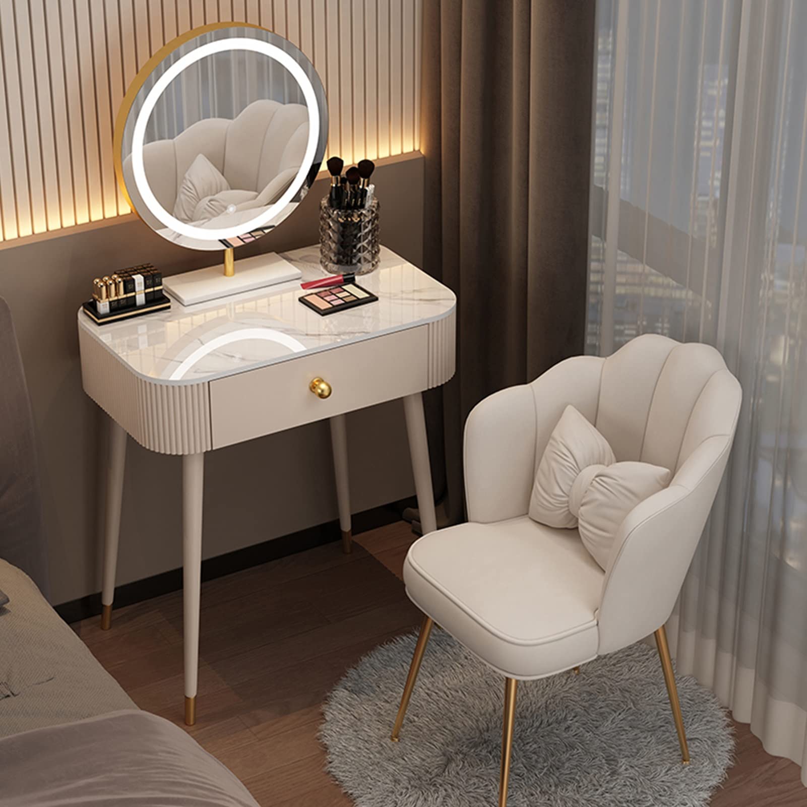 asdchZen Touch Screen Dimming Vanity Desk With Cushioned Stool, Makeup Table With Sliding Storage Drawers, Ideal For Women, Mothers, Girls' Bedroom,2-70cm/27.5in