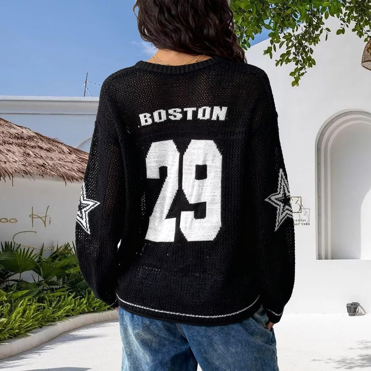 Women's Y2k Jersey Shirts Going Out Tops Oversized Graphic V Neck Crochet Long Sleeve Kint Pullover Sweater - Image 2