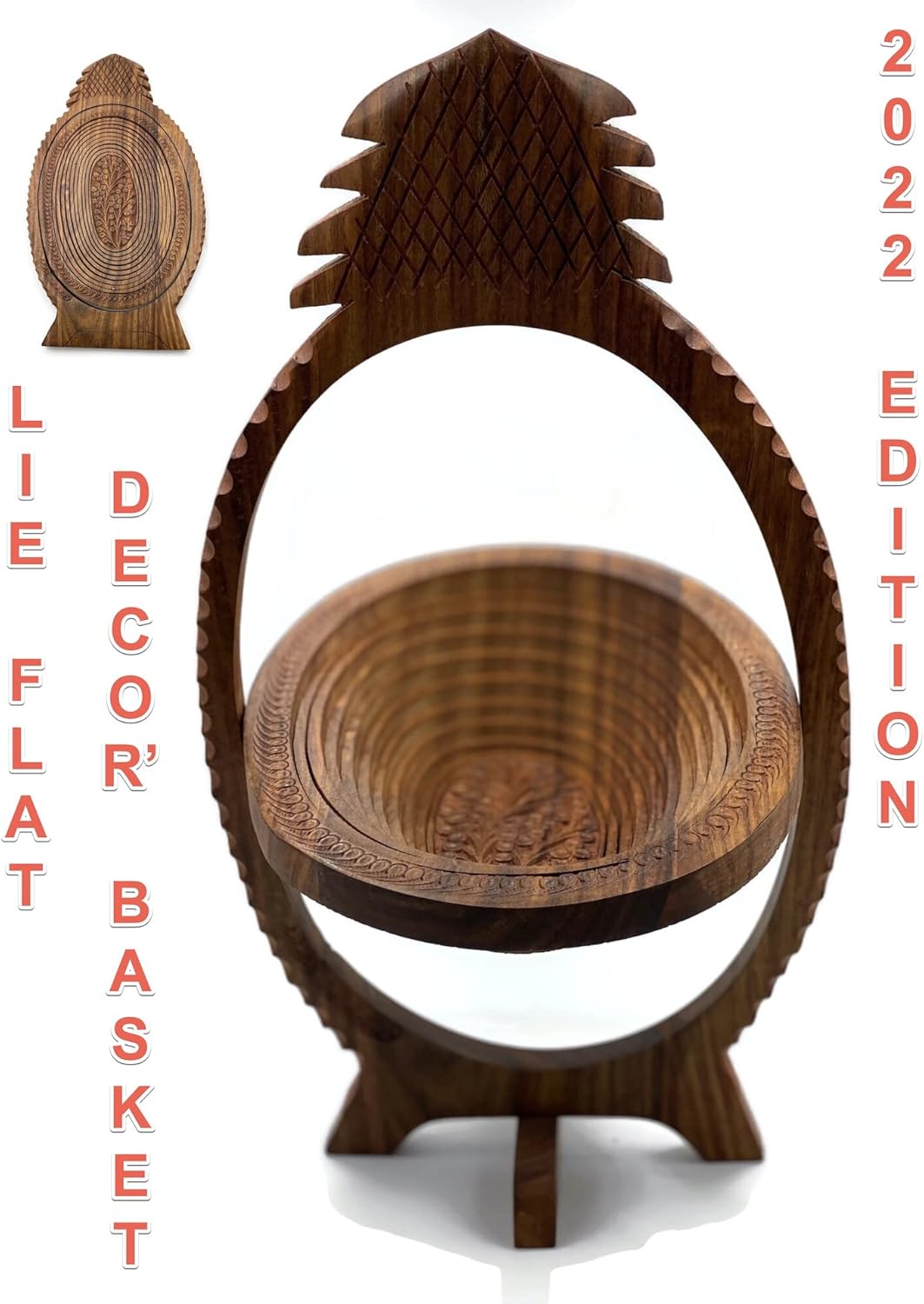 Eid Gift Hand Crafted Solid Wooden Collapsible Fruit Shaped Basket Hand Carved Solid Wood 16"x8.5" (Pineapple)
