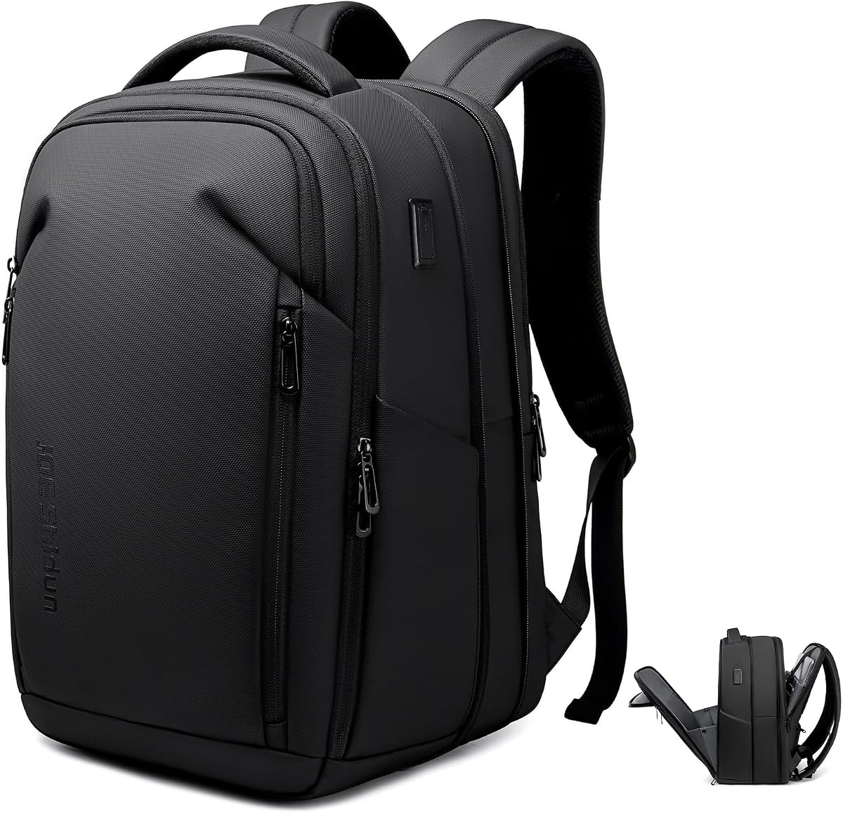 Mochila de viaje de negocios expandible para hombre, negra | Apto para viajes, correas de compresión interiores, tela Oxford 1800D resistente al agua, puerto de carga USB