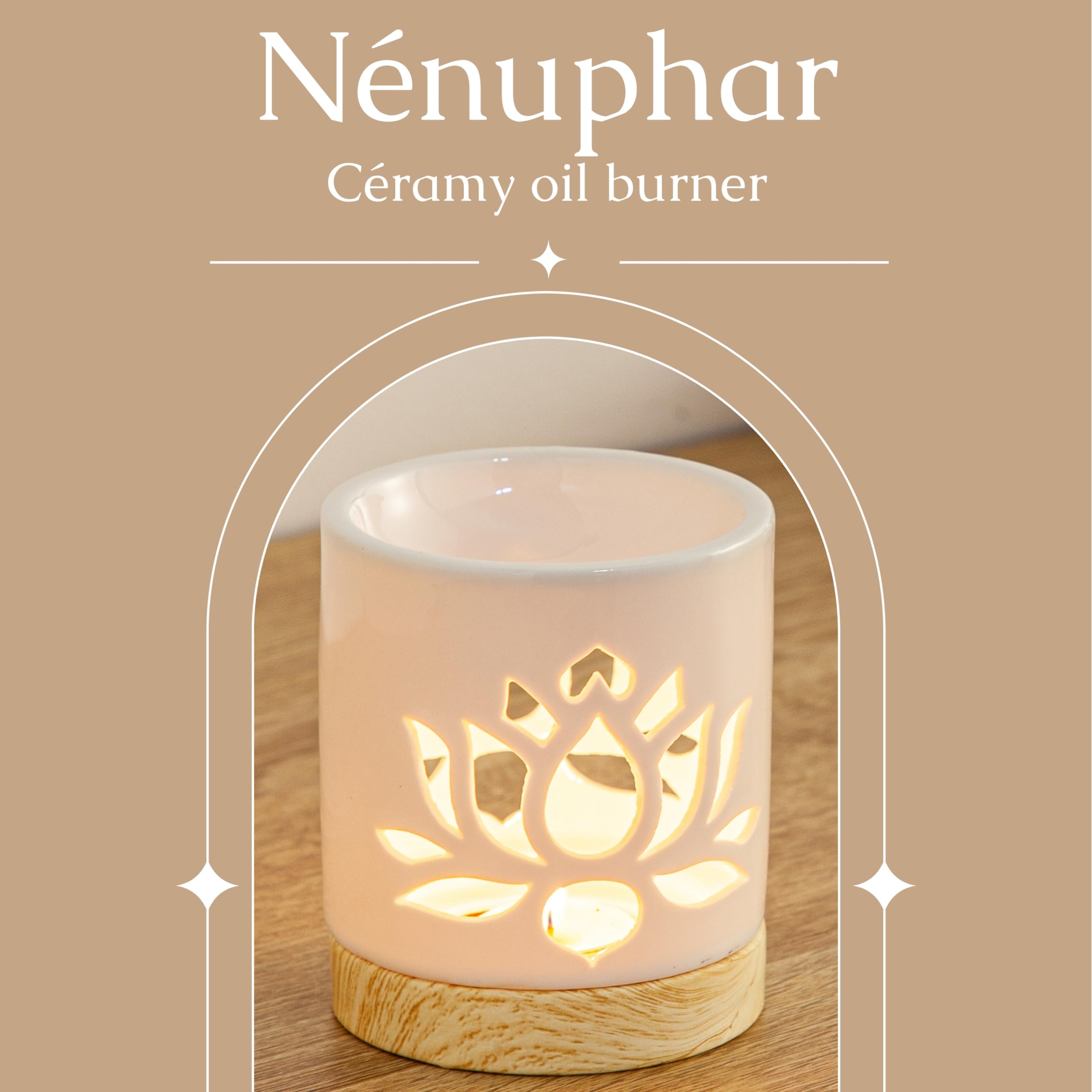 Zen'Arôme Parfumbrander, fondant, geurwas, diffuser voor olie en geur, kaarsenhouder, windlicht, aromatherapie van keramiek met lichtprojectie, H 9 cm Loof grijs