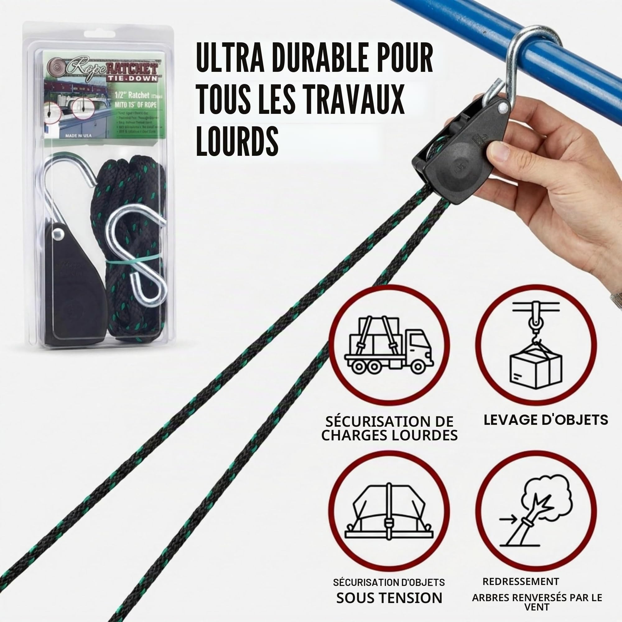 Palan à cliquet robuste de 1,27 cm avec poulie de verrouillage corde tressée en polypropylène de 4,6 m, capacité de 226,8 kg et cintre réglable pour lampes de culture, auvents, kayaks, tente, bâche