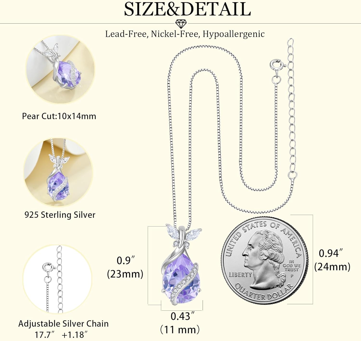 Butterfly Necklace for Women 925 Sterling Silver 10 * 14 mm Pear-Shaped Birthstone Pendant Necklace Hypoallergenic Jewelry for Women - Image 6